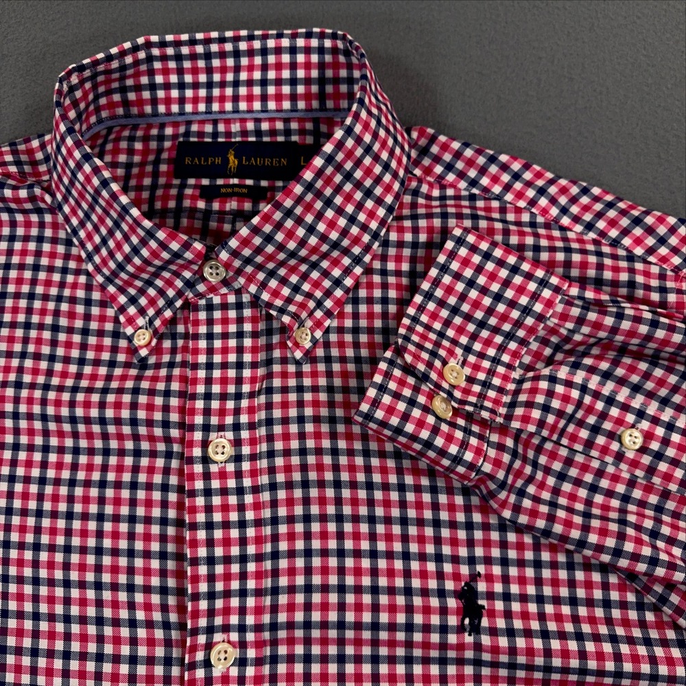 Ralph Lauren Mens Non-Iron Gingham Button Down Shirt Red White Blue Large